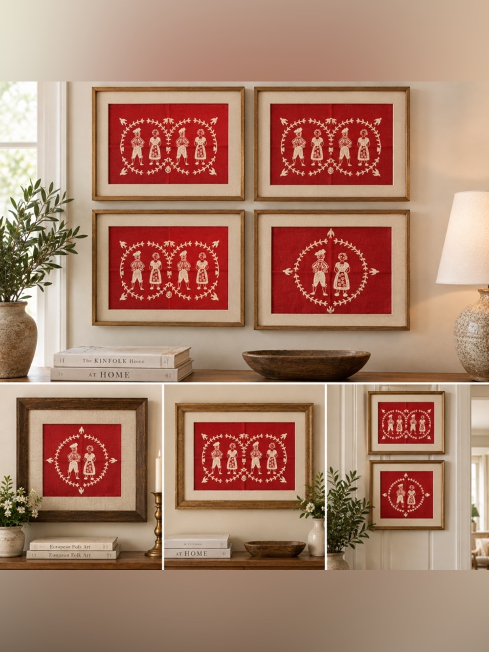 Vintage Red Folk Art Cotton Table Linens 3 Placemats & Napkin Scandinavian Style